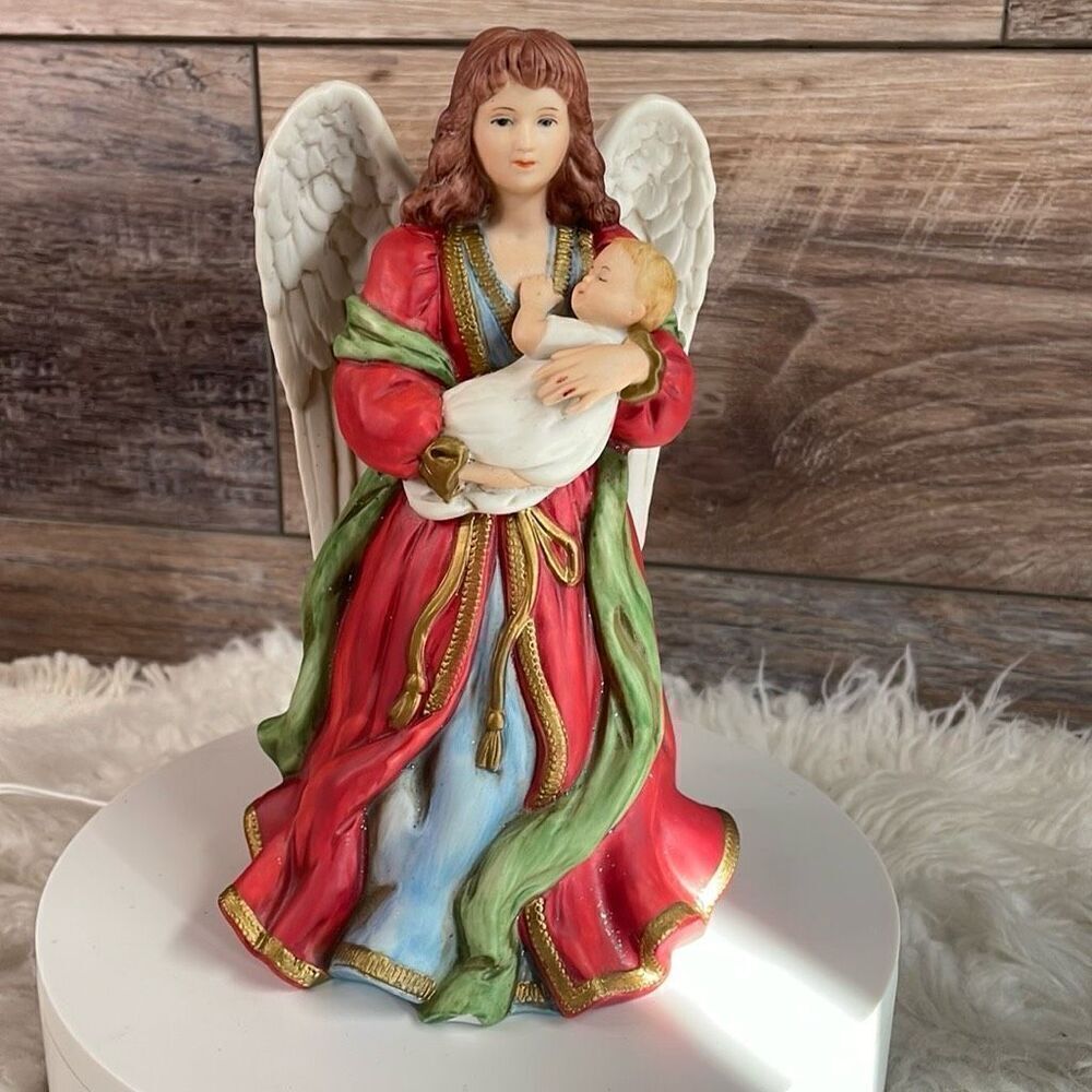 HOMCO Vintage Home Interior #1432 Angel Holding Baby Red Green Gold 8"